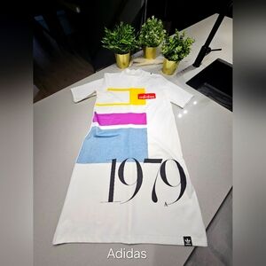 adidas White Midi Dress with Yellow, Pink & Blue Blocks